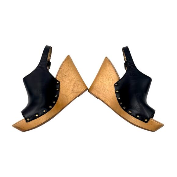 SAM EDELMAN Camilla Black Leather Studded Slingback  Wood Wedge Platform Sz 10 - Picture 9 of 10